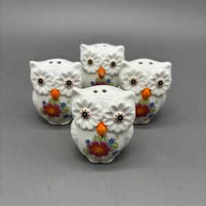Vintage Owl Salt Shakers Ceramic White Floral Kitchen Decor Lot of 4 Replacement